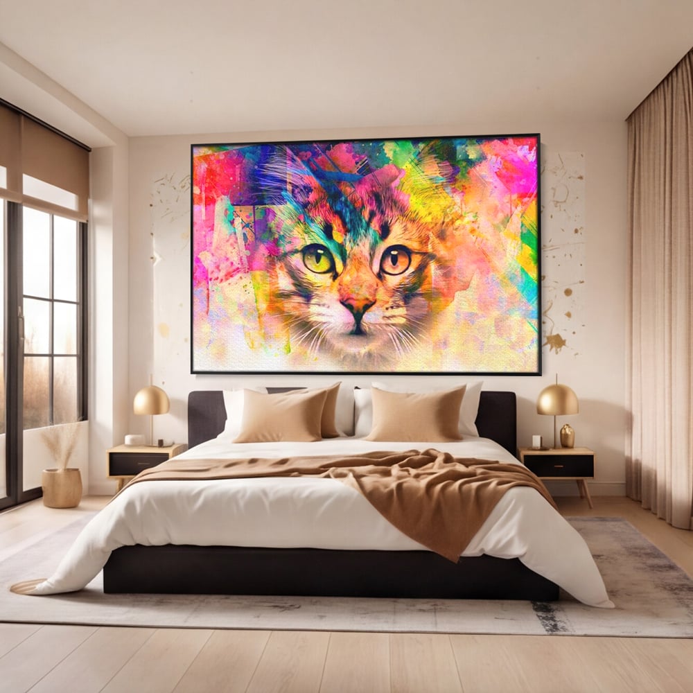 Tablou canvas cu tablou canvas cu pisica in stil graffiti, in rama de aluminiu negru, pe perete intr-un dormitor